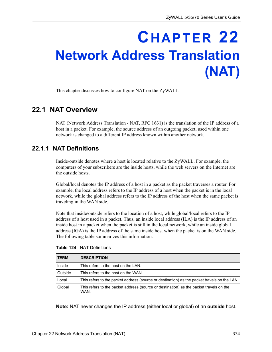 Network address translation (nat), 1 nat overview, 1 nat definitions | Chapter 22 network address translation (nat), Table 124 nat definitions, N port. refer to, Ions (see | ZyXEL Communications 70 Series User Manual | Page 374 / 807