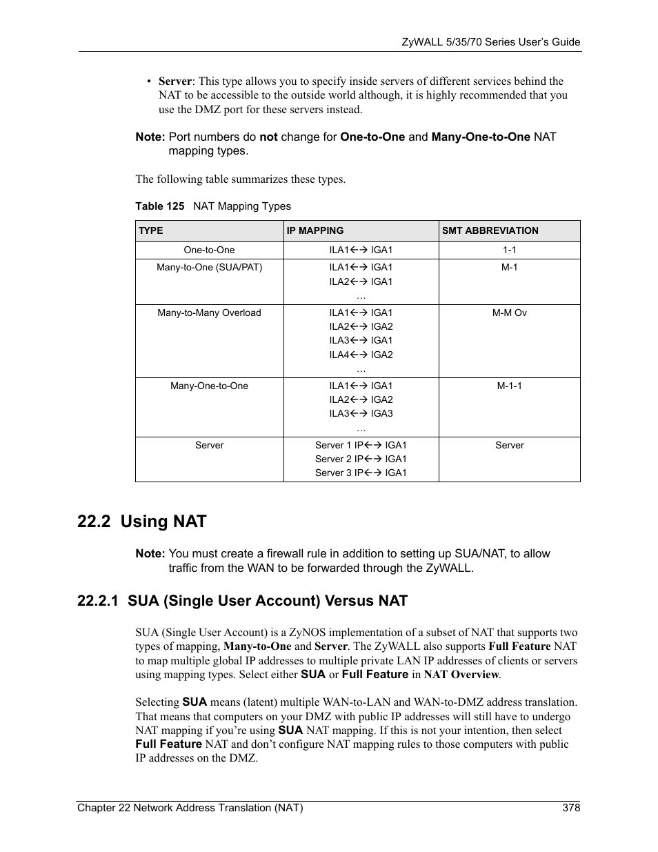 2 using nat, 1 sua (single user account) versus nat, Table 125 nat mapping types | ZyXEL Communications 70 Series User Manual | Page 378 / 807