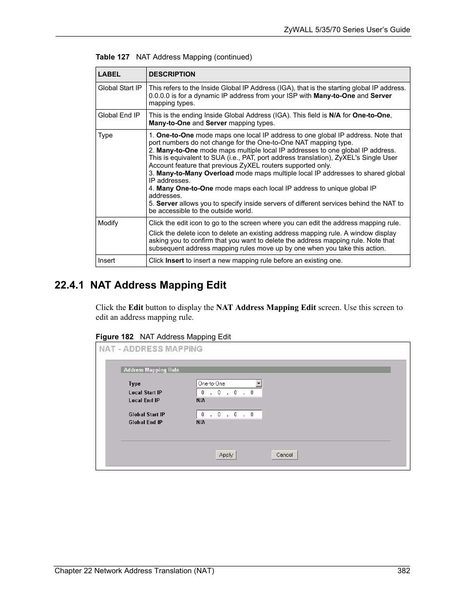 1 nat address mapping edit, Figure 182 nat address mapping edit | ZyXEL Communications 70 Series User Manual | Page 382 / 807