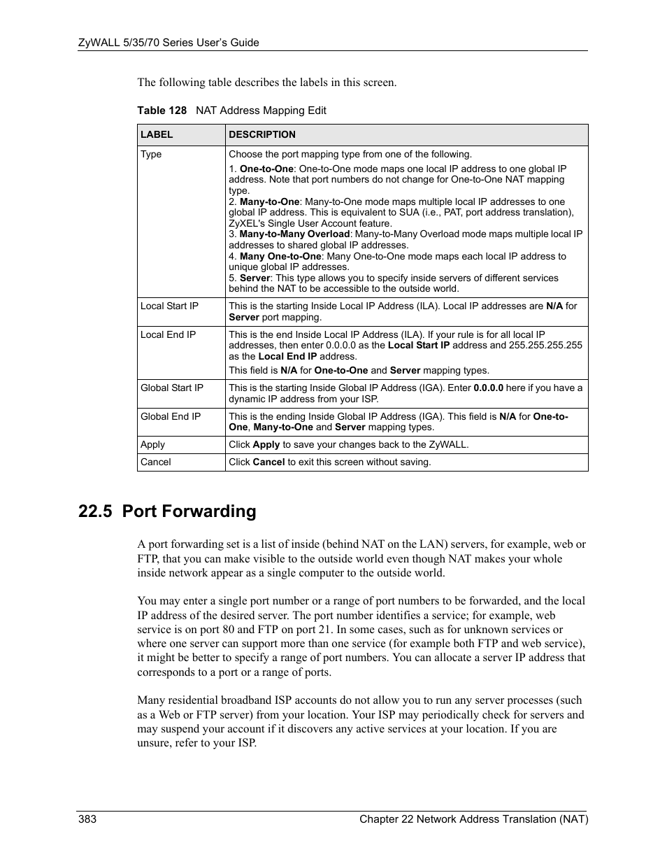 5 port forwarding, Table 128 nat address mapping edit | ZyXEL Communications 70 Series User Manual | Page 383 / 807