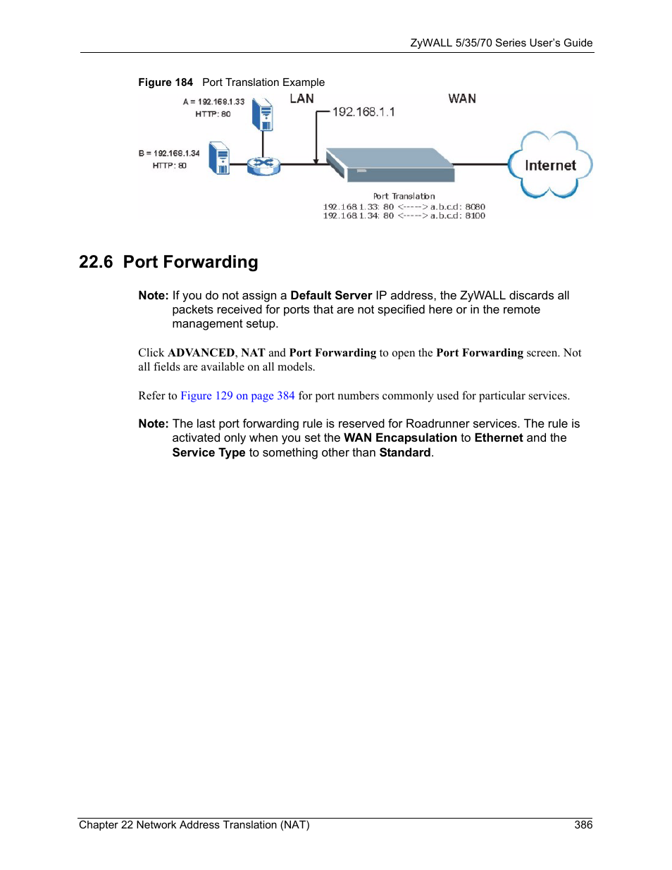 6 port forwarding, Figure 184 port translation example | ZyXEL Communications 70 Series User Manual | Page 386 / 807