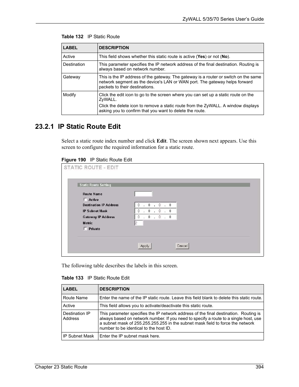 1 ip static route edit, Figure 190 ip static route edit, Table 133 ip static route edit | ZyXEL Communications 70 Series User Manual | Page 394 / 807