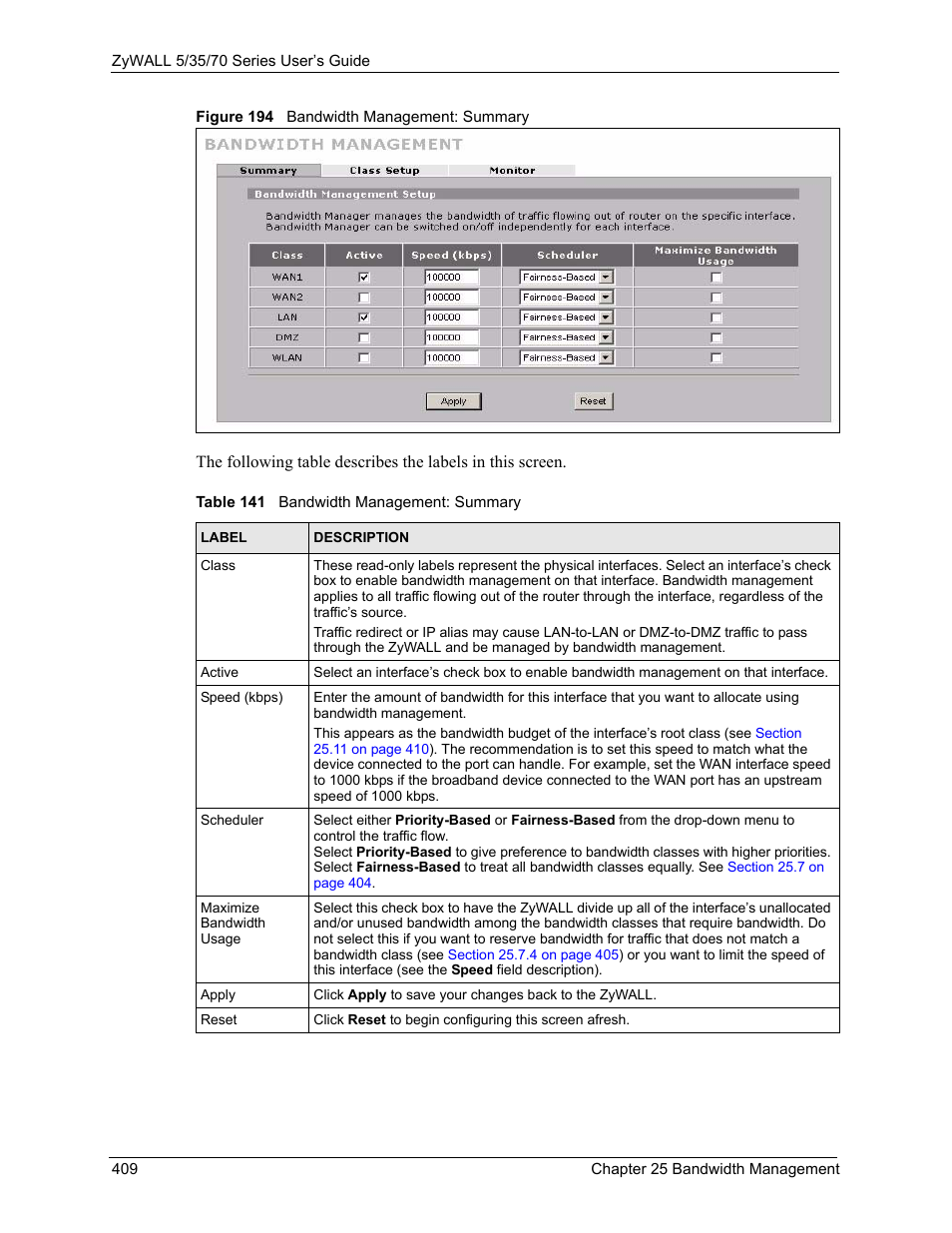Figure 194 bandwidth management: summary, Table 141 bandwidth management: summary | ZyXEL Communications 70 Series User Manual | Page 409 / 807