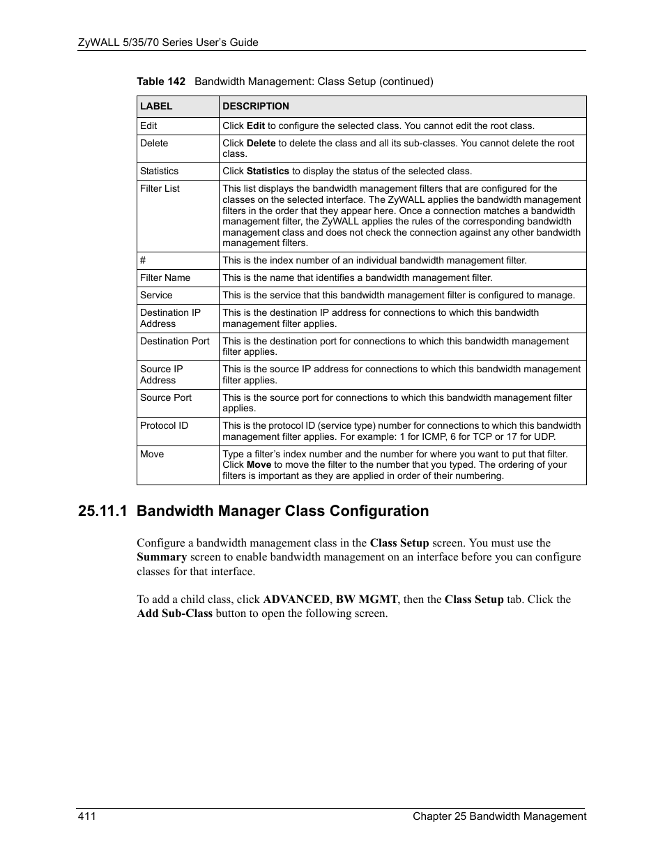 1 bandwidth manager class configuration, Section 25.11.1 | ZyXEL Communications 70 Series User Manual | Page 411 / 807