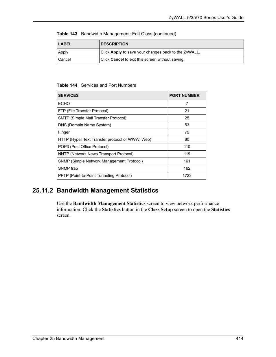 2 bandwidth management statistics, Table 144 services and port numbers | ZyXEL Communications 70 Series User Manual | Page 414 / 807