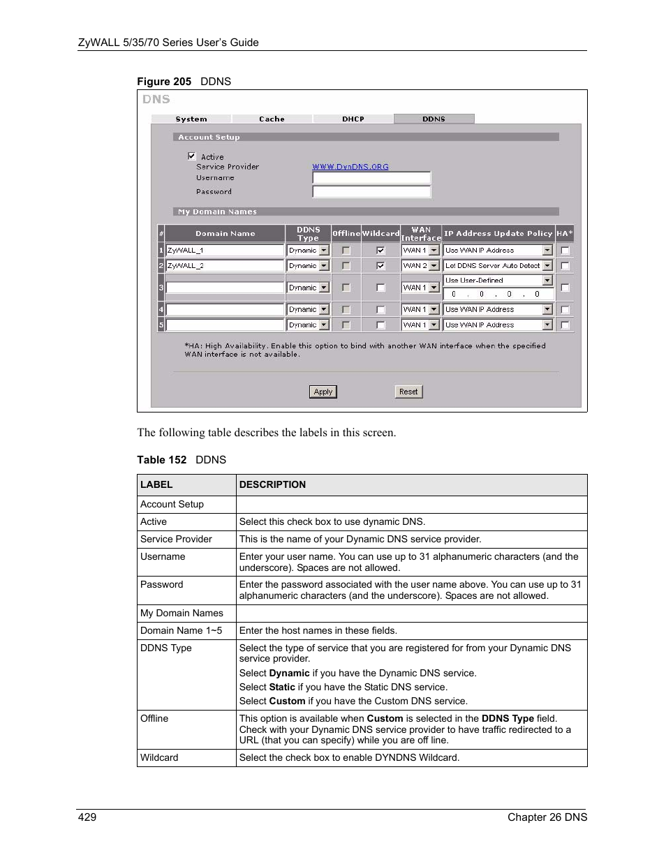 Figure 205 ddns, Table 152 ddns | ZyXEL Communications 70 Series User Manual | Page 429 / 807