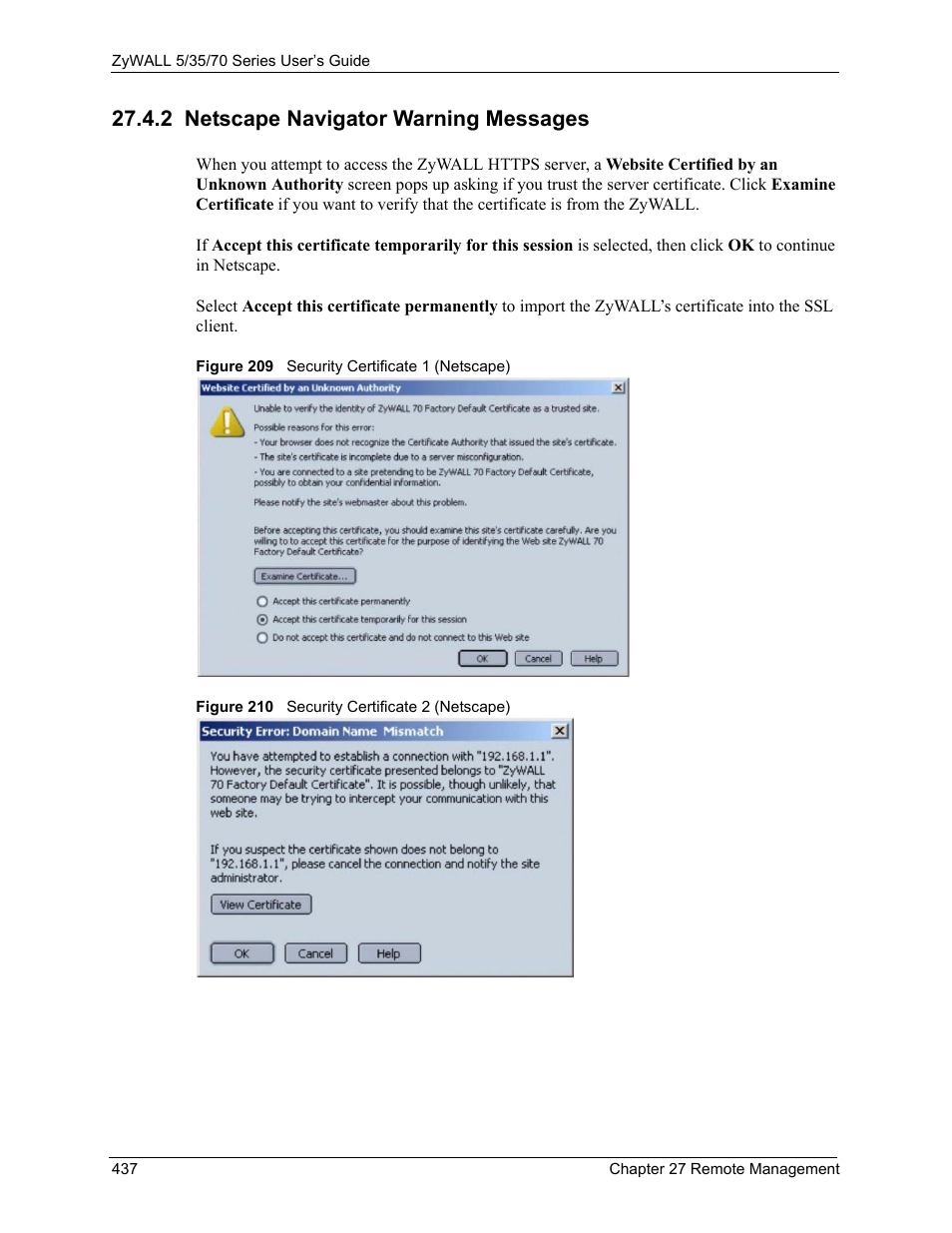 2 netscape navigator warning messages | ZyXEL Communications 70 Series User Manual | Page 437 / 807