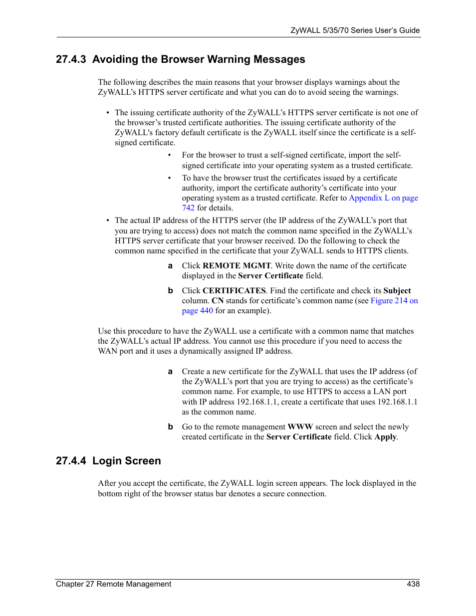 3 avoiding the browser warning messages, 4 login screen | ZyXEL Communications 70 Series User Manual | Page 438 / 807