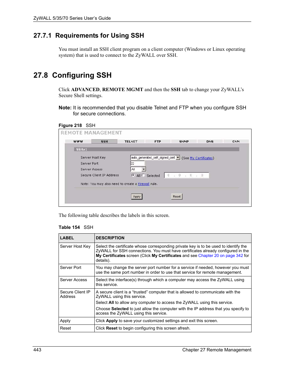 1 requirements for using ssh, 8 configuring ssh, Figure 218 ssh | Table 154 ssh | ZyXEL Communications 70 Series User Manual | Page 443 / 807