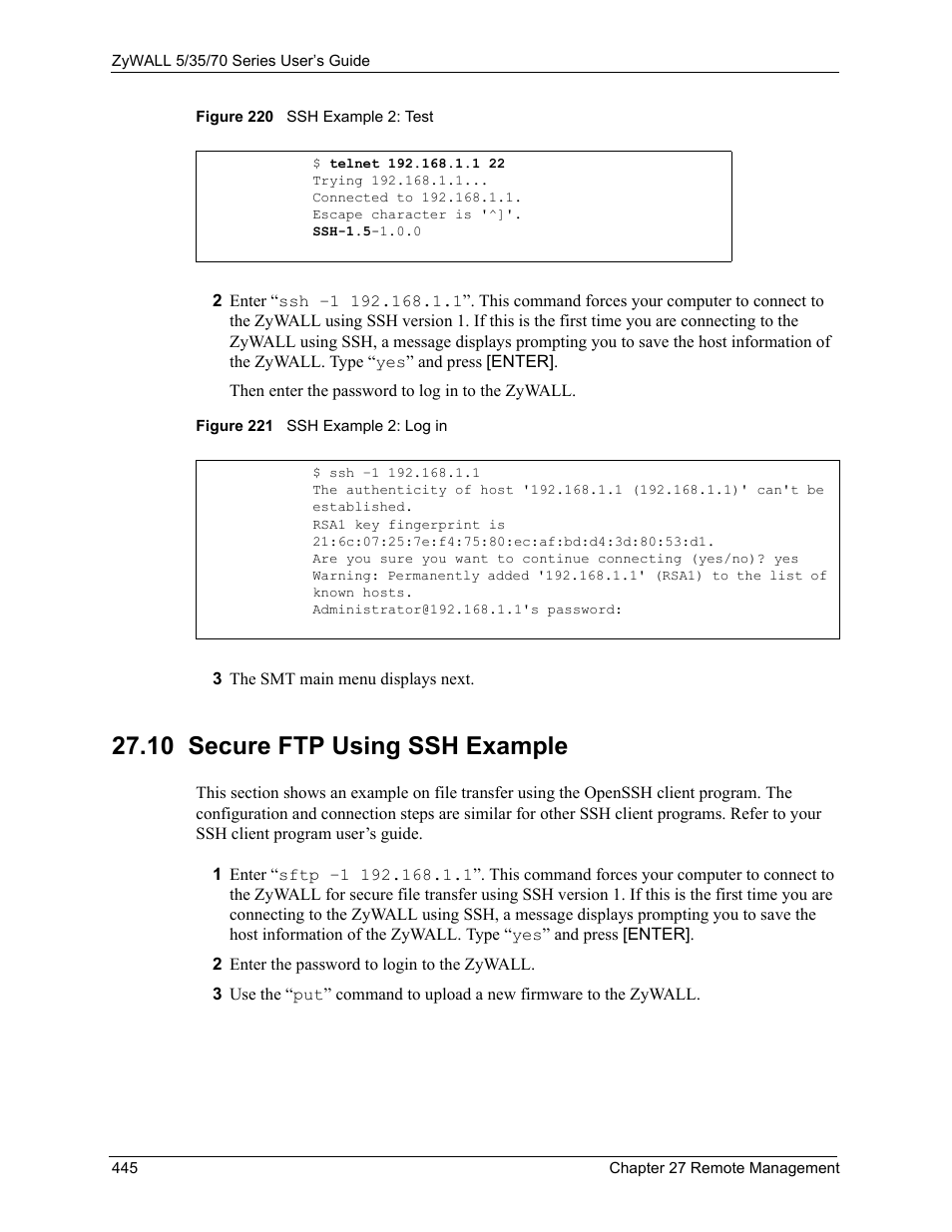 10 secure ftp using ssh example | ZyXEL Communications 70 Series User Manual | Page 445 / 807
