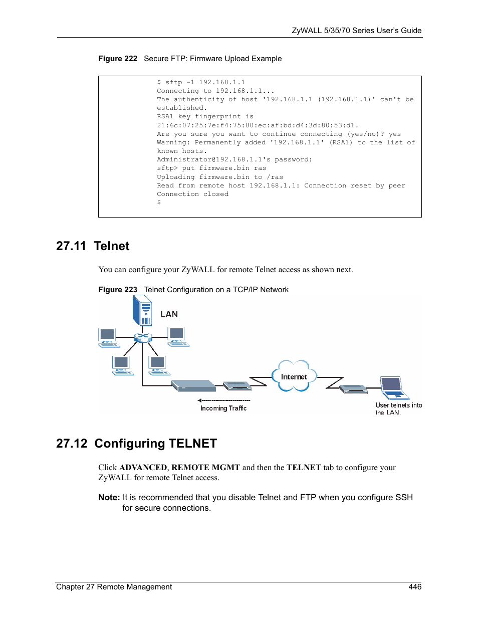 12 configuring telnet, 11 telnet 27.12 configuring telnet, 11 telnet | ZyXEL Communications 70 Series User Manual | Page 446 / 807
