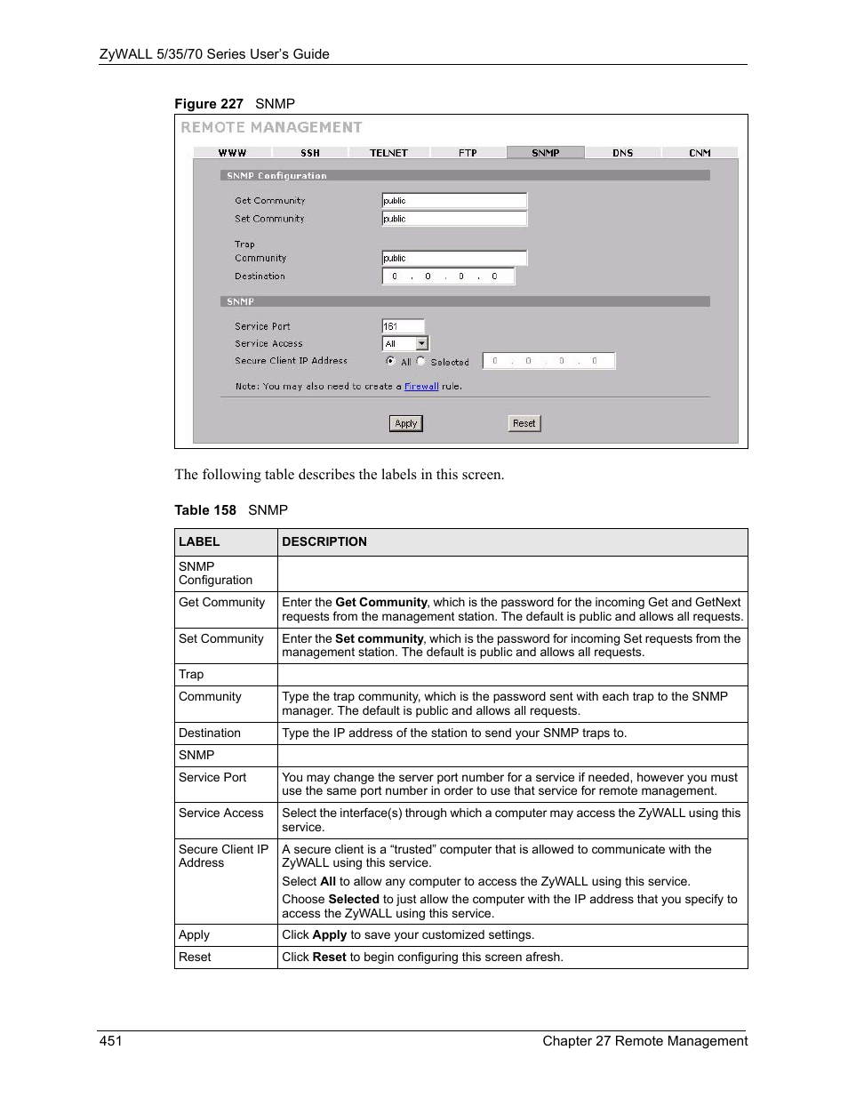 Figure 227 snmp, Table 158 snmp | ZyXEL Communications 70 Series User Manual | Page 451 / 807