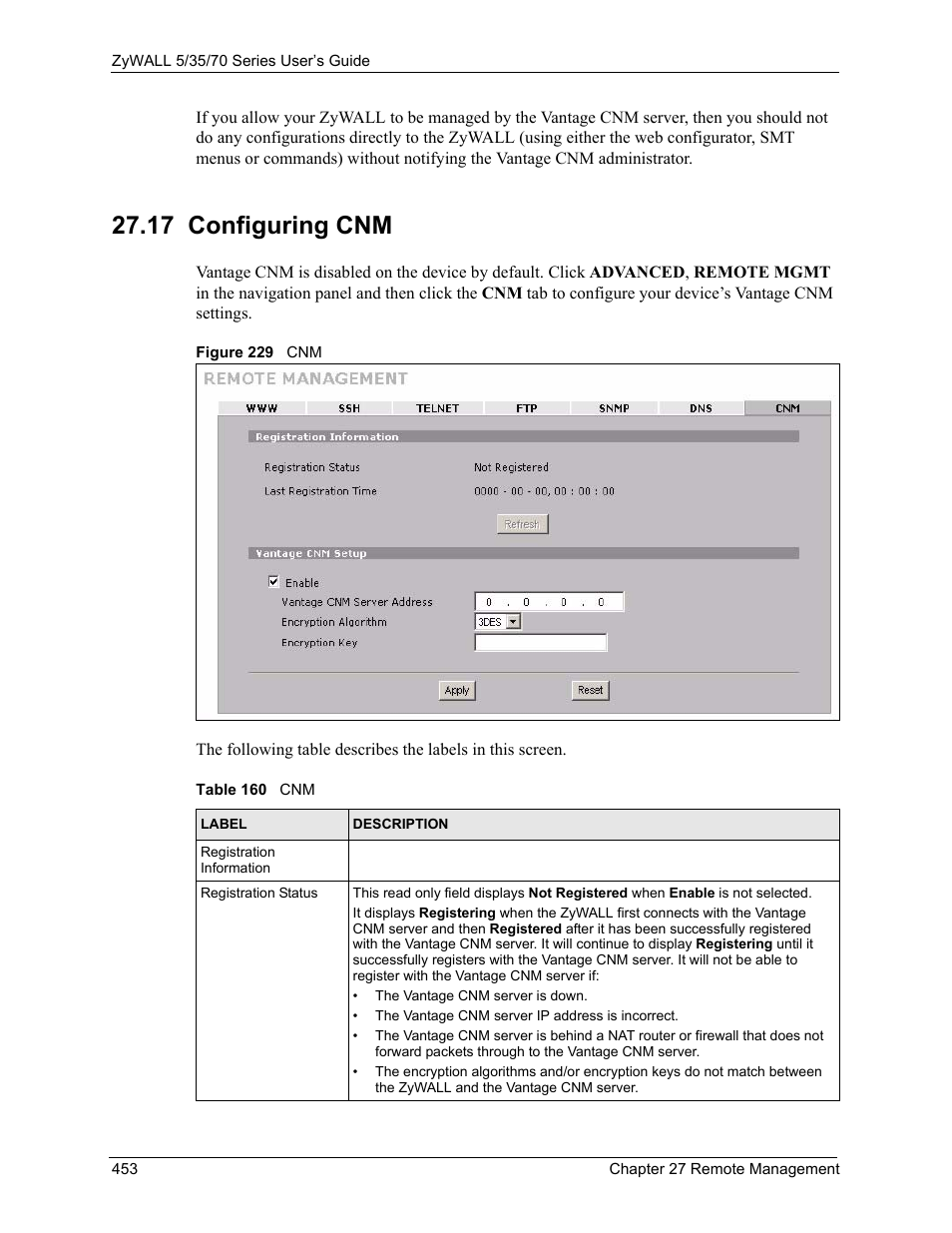 17 configuring cnm, Figure 229 cnm, Table 160 cnm | ZyXEL Communications 70 Series User Manual | Page 453 / 807
