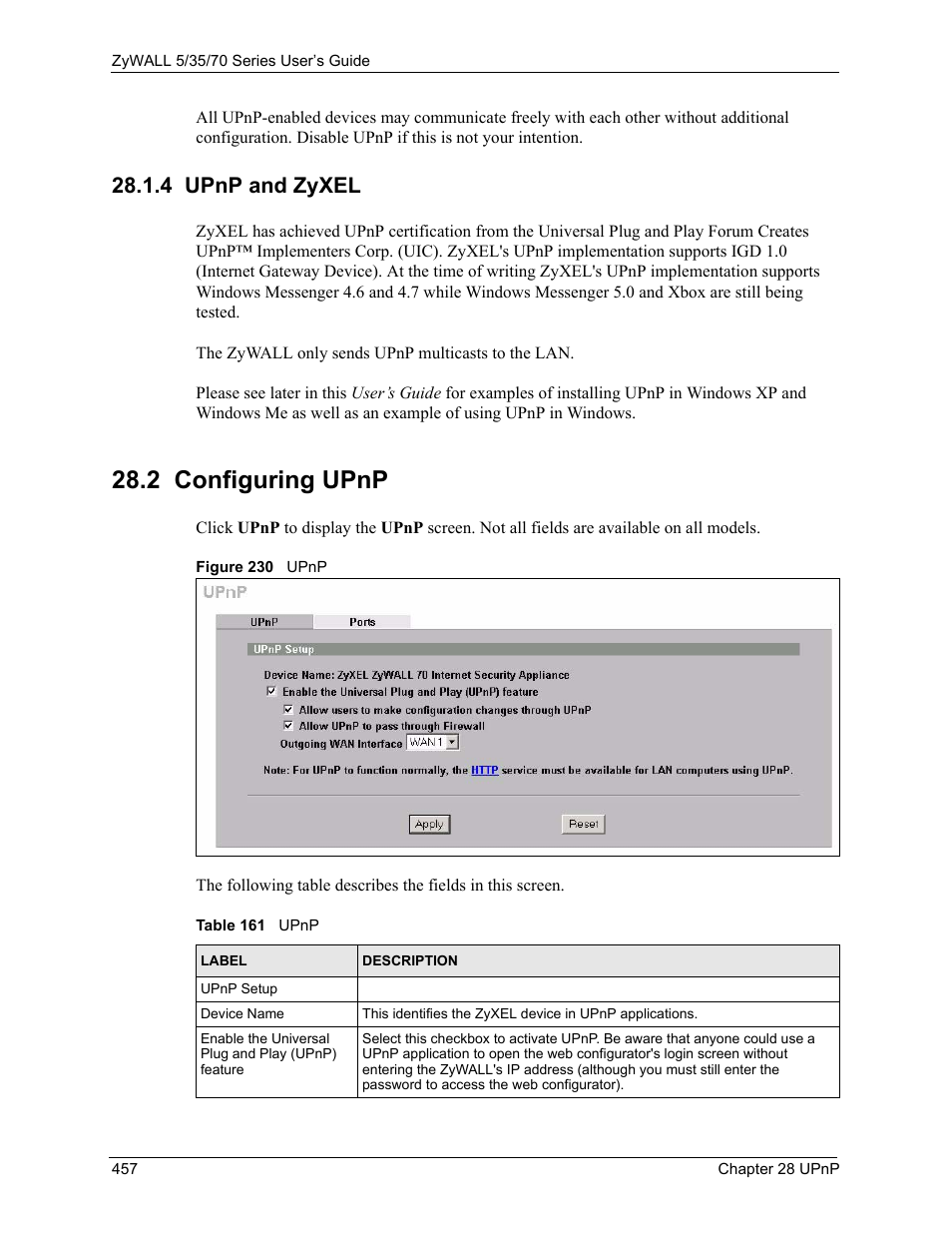 4 upnp and zyxel, 2 configuring upnp, Figure 230 upnp | Table 161 upnp | ZyXEL Communications 70 Series User Manual | Page 457 / 807