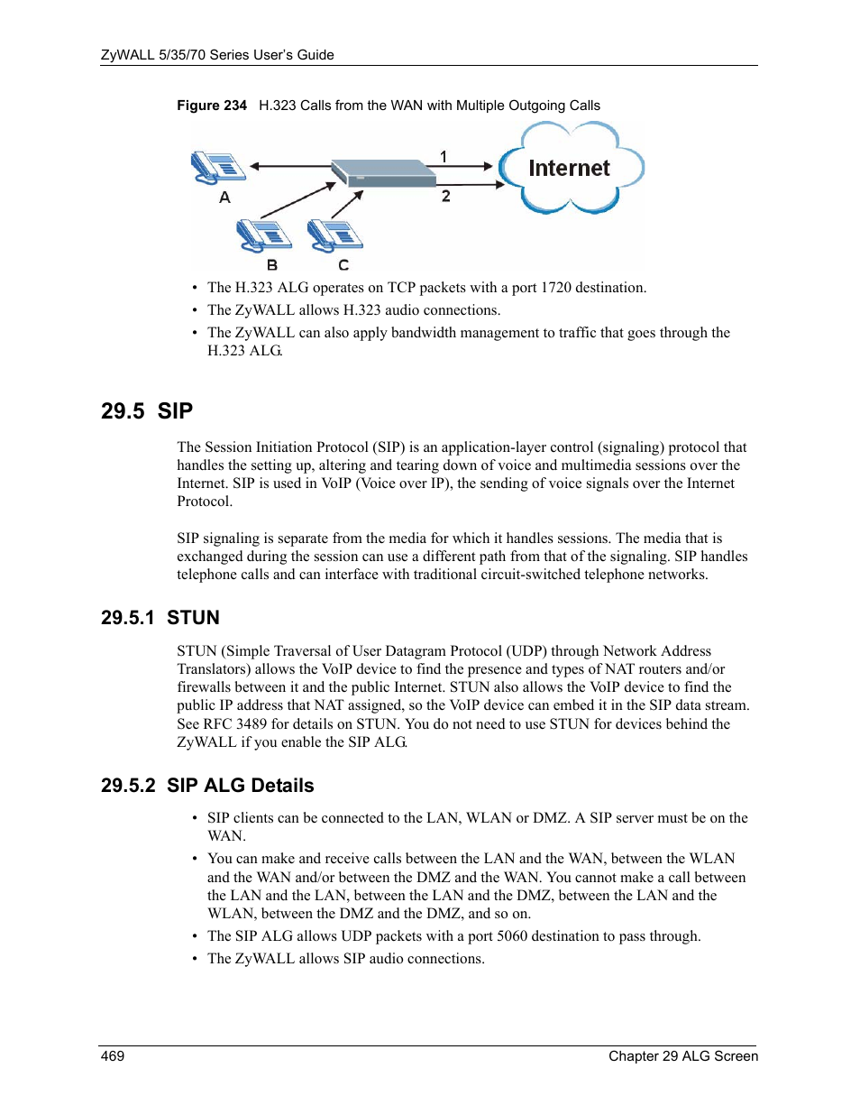 5 sip, 1 stun, 2 sip alg details | 1 stun 29.5.2 sip alg details, Figure 234 h.323 calls from the wan | ZyXEL Communications 70 Series User Manual | Page 469 / 807
