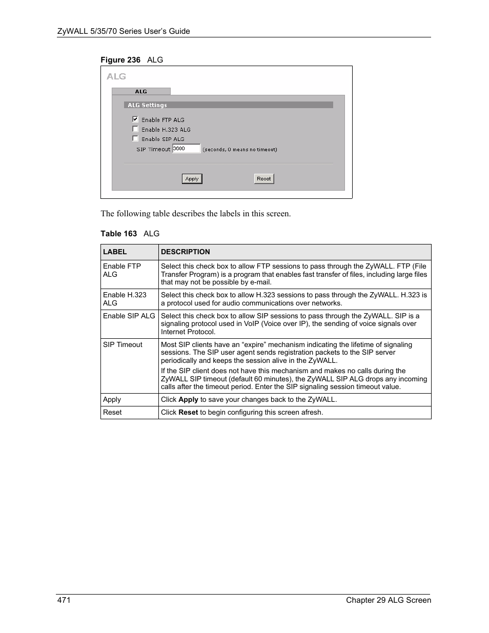 Figure 236 alg, Table 163 alg | ZyXEL Communications 70 Series User Manual | Page 471 / 807