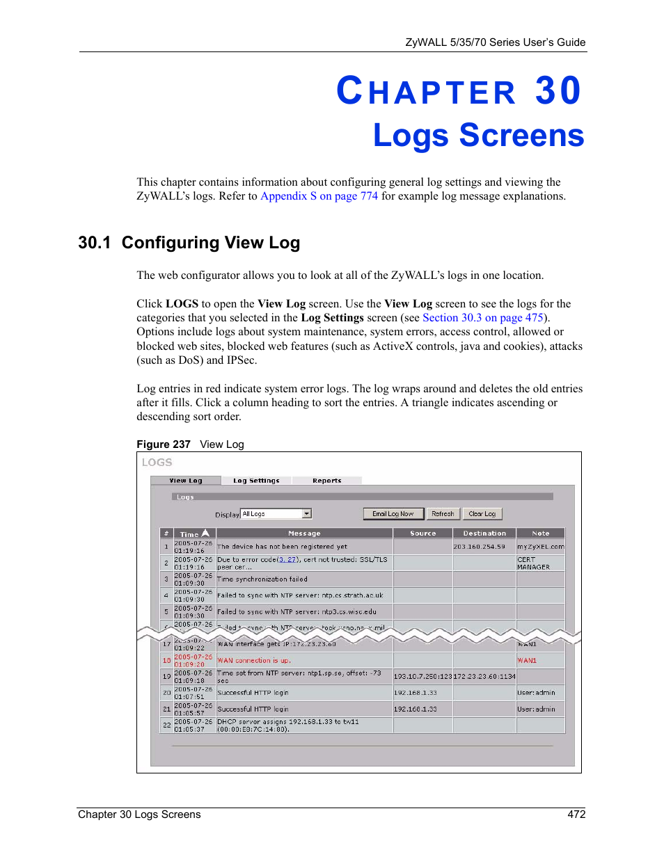 Logs screens, Chapter 30 logs screens, 1 configuring view log | Figure 237 view log | ZyXEL Communications 70 Series User Manual | Page 472 / 807