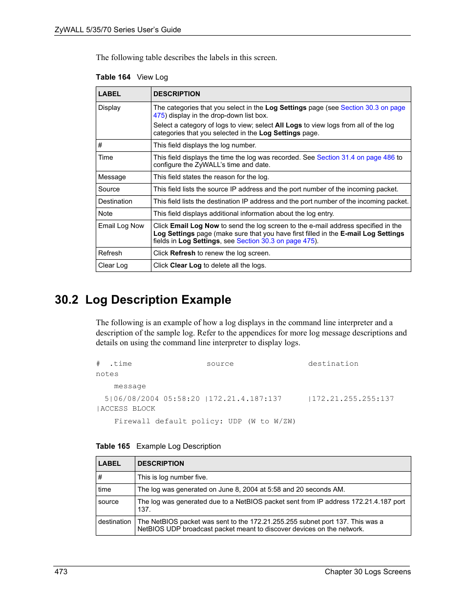 2 log description example | ZyXEL Communications 70 Series User Manual | Page 473 / 807
