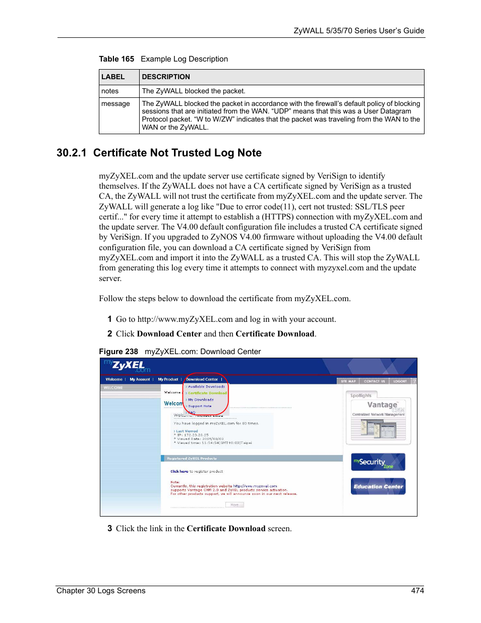 1 certificate not trusted log note, Figure 238 myzyxel.com: download center | ZyXEL Communications 70 Series User Manual | Page 474 / 807