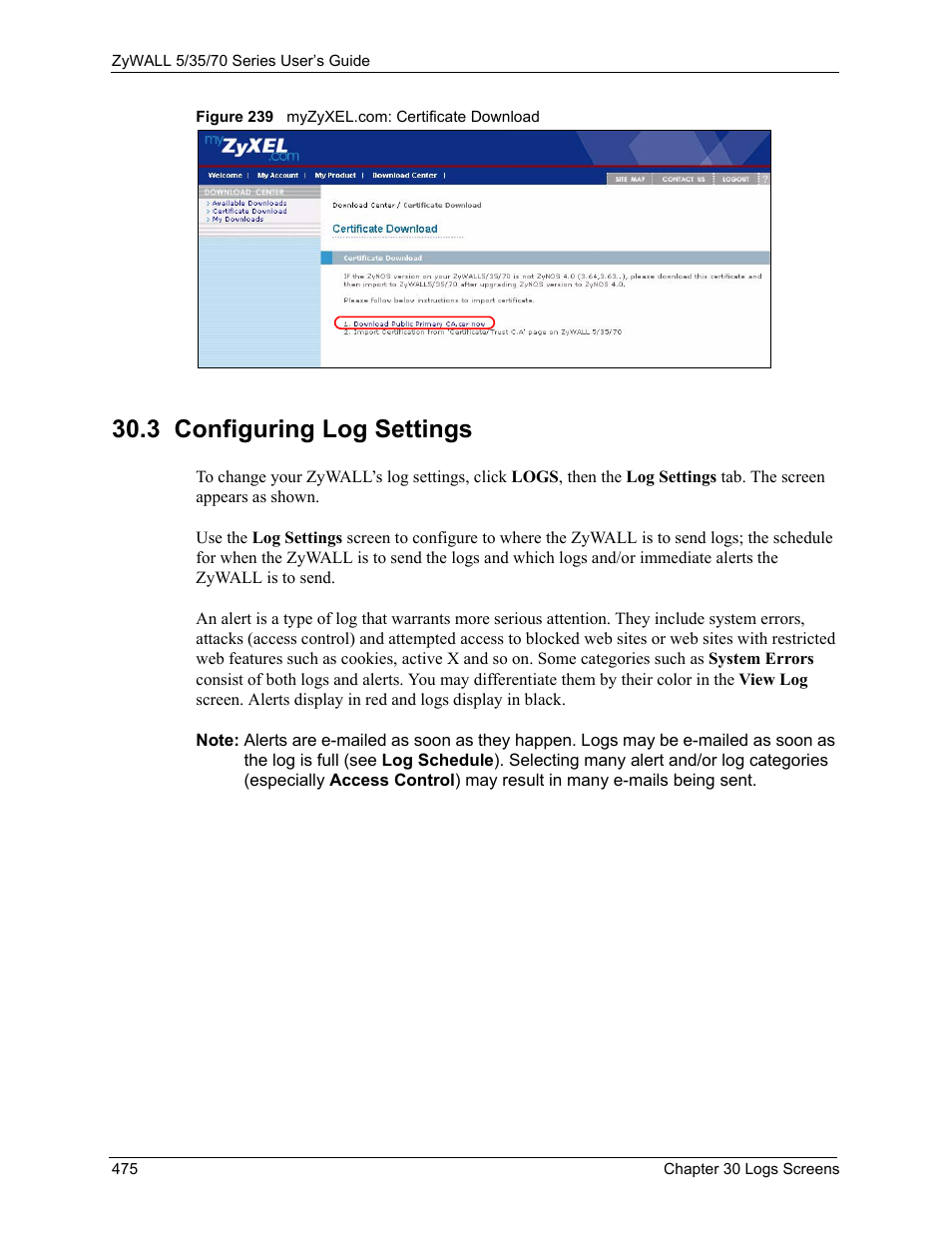 3 configuring log settings, Figure 239 myzyxel.com: certificate download | ZyXEL Communications 70 Series User Manual | Page 475 / 807