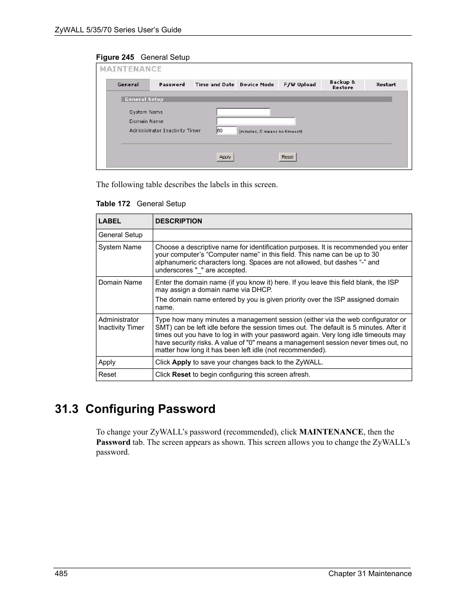 3 configuring password, Figure 245 general setup, Table 172 general setup | ZyXEL Communications 70 Series User Manual | Page 485 / 807