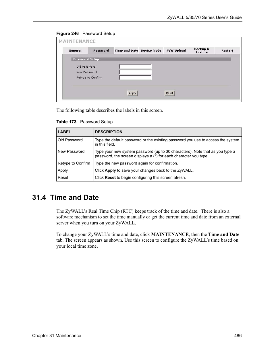 4 time and date, Figure 246 password setup, Table 173 password setup | ZyXEL Communications 70 Series User Manual | Page 486 / 807