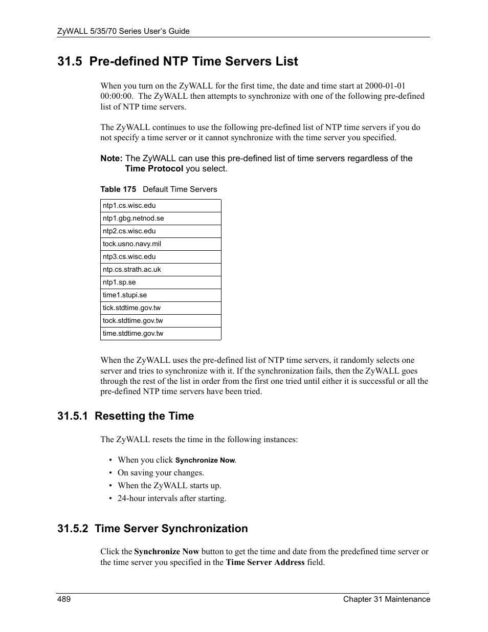 5 pre-defined ntp time servers list, 1 resetting the time, 2 time server synchronization | Table 175 default time servers | ZyXEL Communications 70 Series User Manual | Page 489 / 807