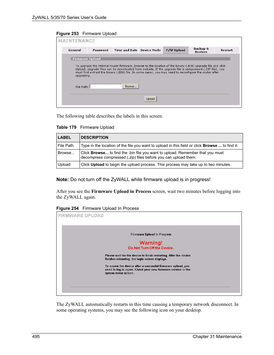 Figure 253 firmware upload, Figure 254 firmware upload in process, Table 179 firmware upload | ZyXEL Communications 70 Series User Manual | Page 495 / 807