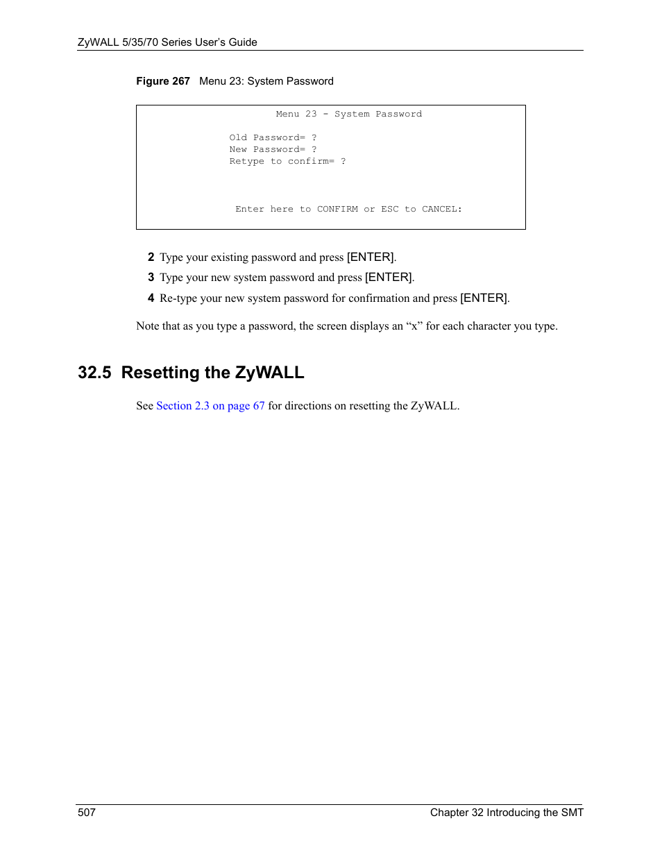 5 resetting the zywall, Figure 267 menu 23: system password | ZyXEL Communications 70 Series User Manual | Page 507 / 807
