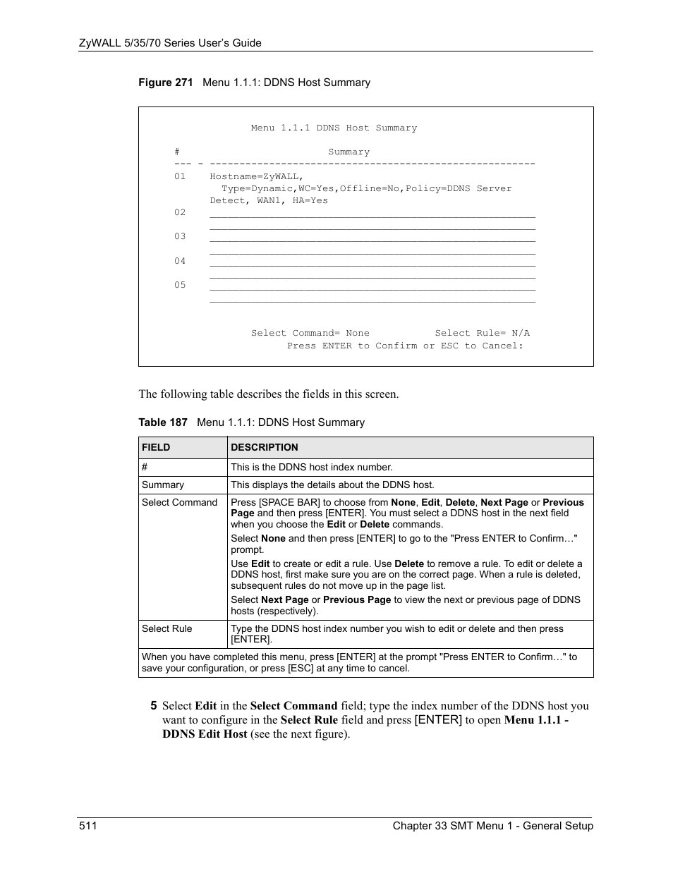 Figure 271 menu 1.1.1: ddns host summary, Table 187 menu 1.1.1: ddns host summary | ZyXEL Communications 70 Series User Manual | Page 511 / 807