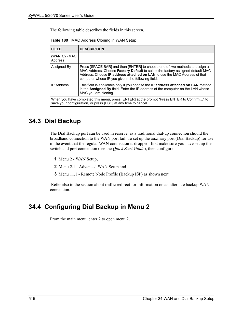 3 dial backup, 4 configuring dial backup in menu 2, Table 189 mac address cloning in wan setup | ZyXEL Communications 70 Series User Manual | Page 515 / 807