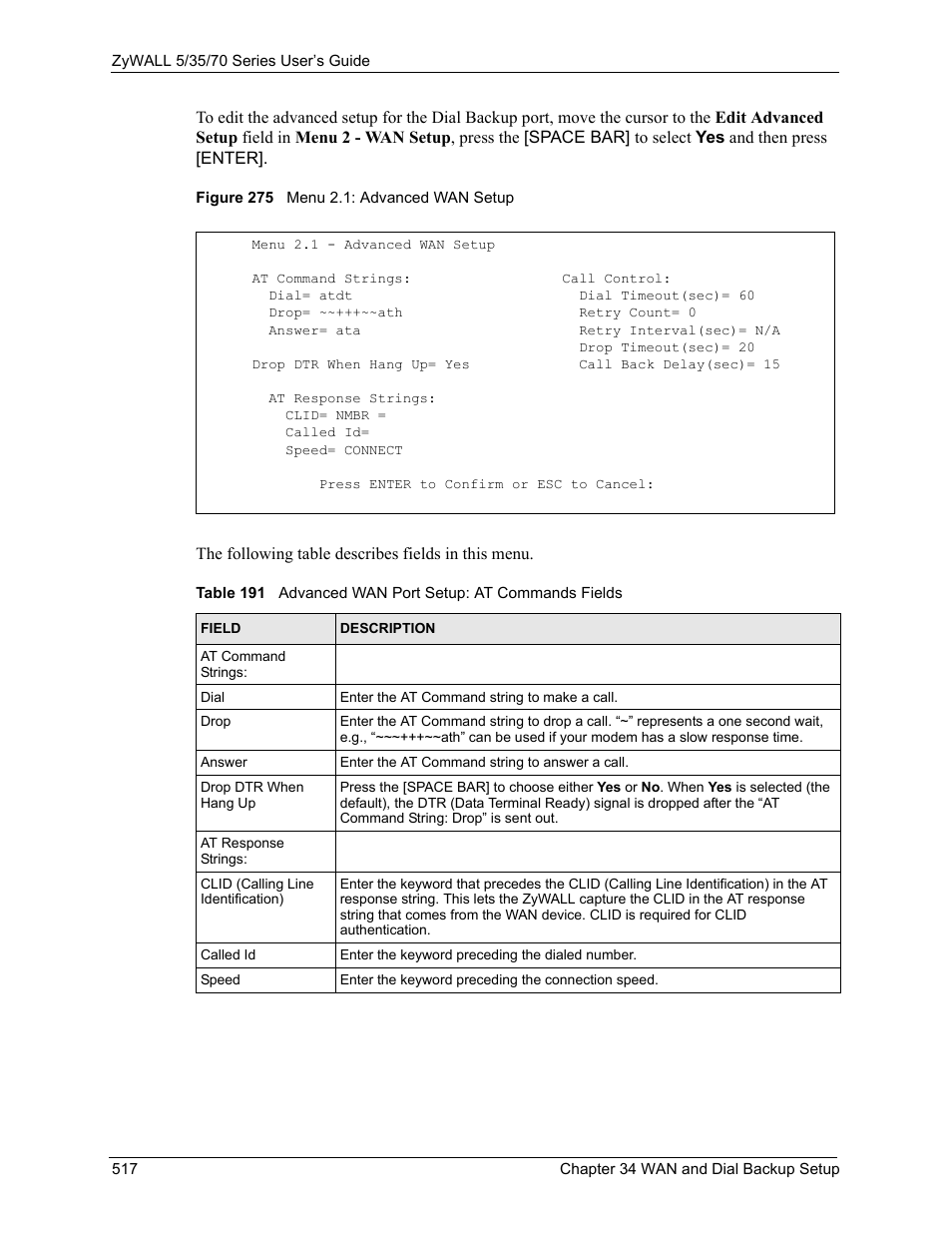 Figure 275 menu 2.1: advanced wan setup | ZyXEL Communications 70 Series User Manual | Page 517 / 807