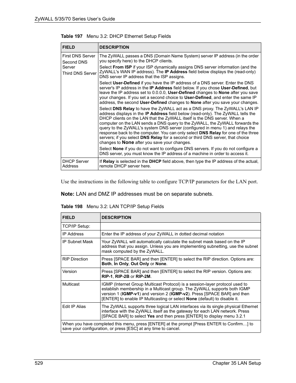 Table 198 menu 3.2: lan tcp/ip setup fields | ZyXEL Communications 70 Series User Manual | Page 529 / 807