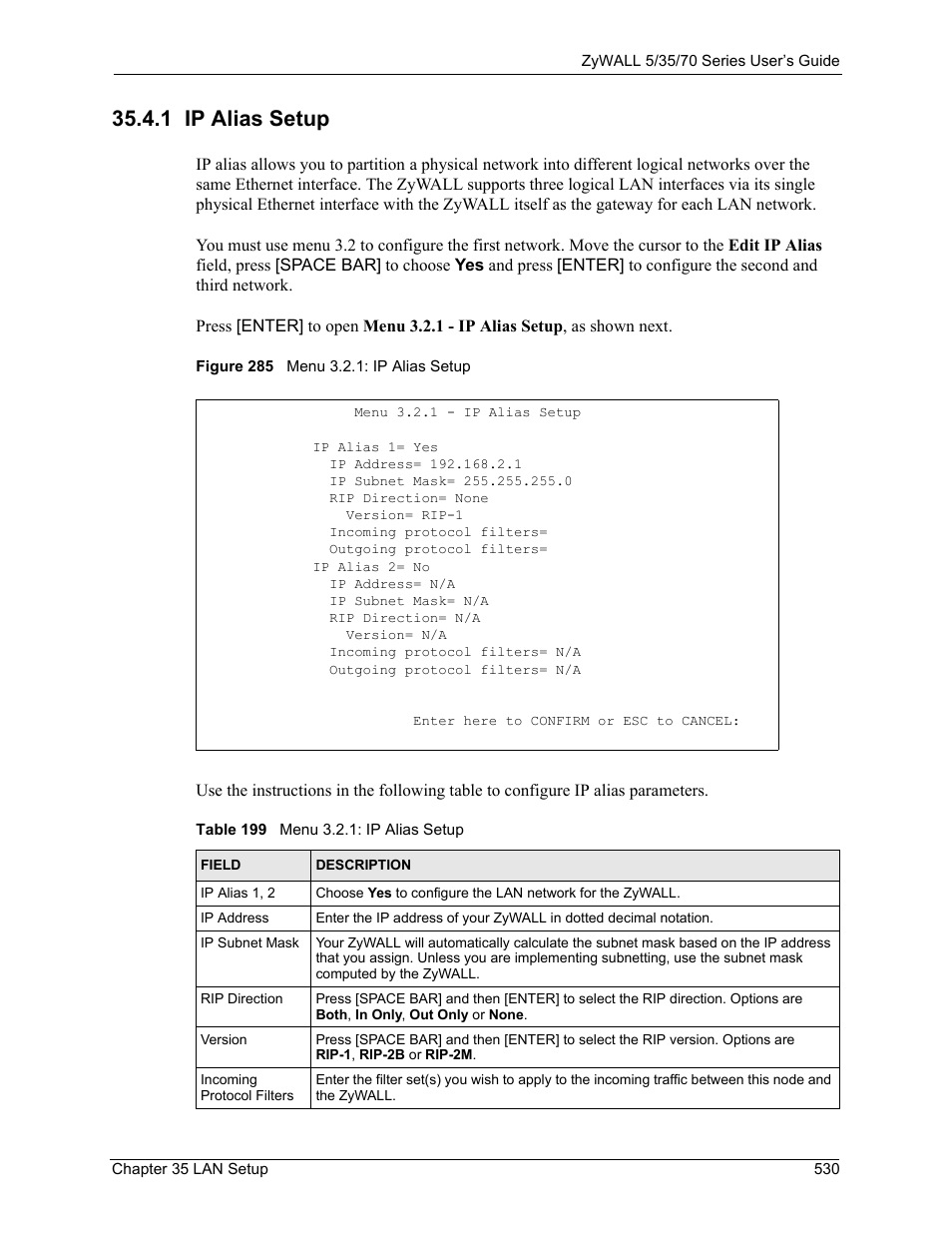 1 ip alias setup, Figure 285 menu 3.2.1: ip alias setup, Table 199 menu 3.2.1: ip alias setup | ZyXEL Communications 70 Series User Manual | Page 530 / 807