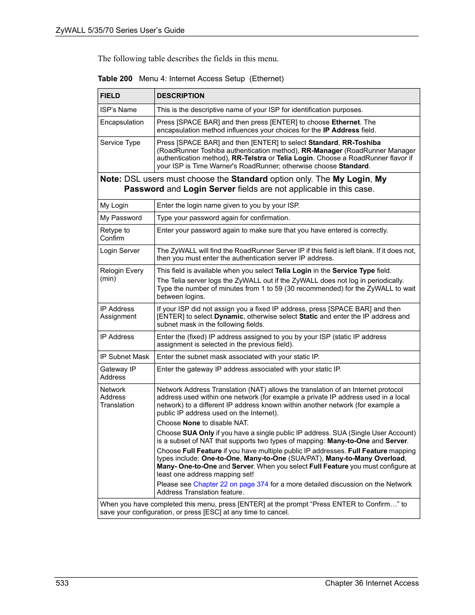 Table 200 menu 4: internet access setup (ethernet) | ZyXEL Communications 70 Series User Manual | Page 533 / 807