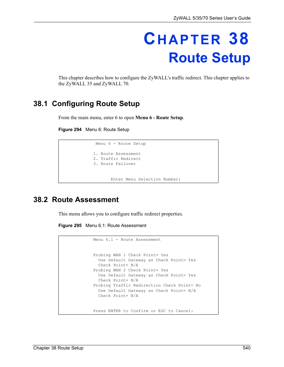 Route setup, 1 configuring route setup, 2 route assessment | Chapter 38 route setup, 1 configuring route setup 38.2 route assessment | ZyXEL Communications 70 Series User Manual | Page 540 / 807