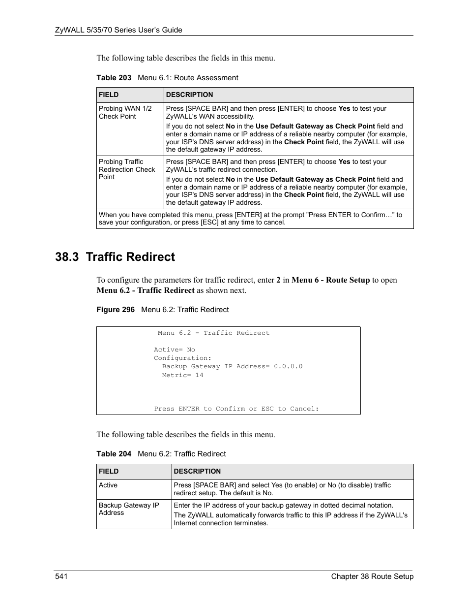 3 traffic redirect, Figure 296 menu 6.2: traffic redirect | ZyXEL Communications 70 Series User Manual | Page 541 / 807