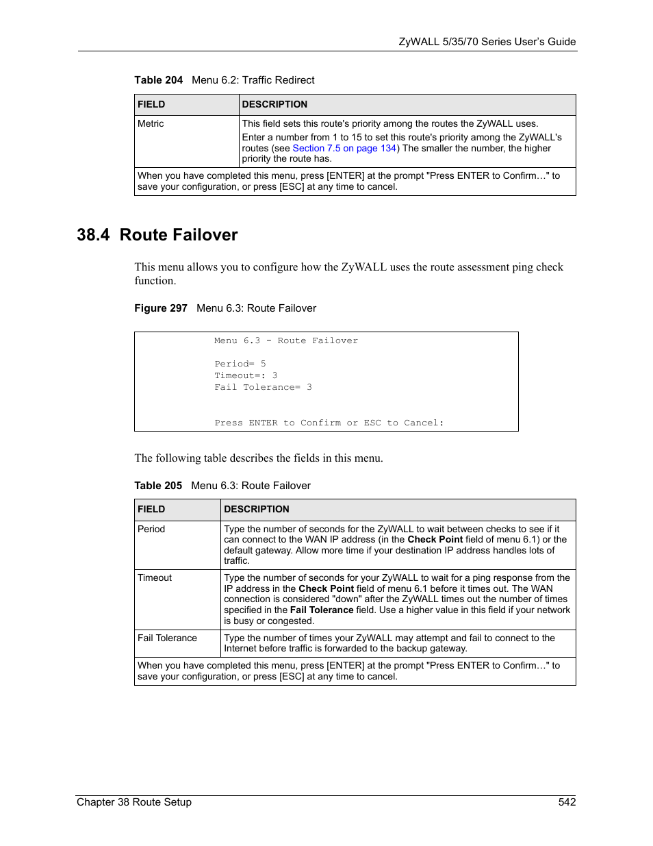 4 route failover, Figure 297 menu 6.3: route failover, Table 205 menu 6.3: route failover | ZyXEL Communications 70 Series User Manual | Page 542 / 807
