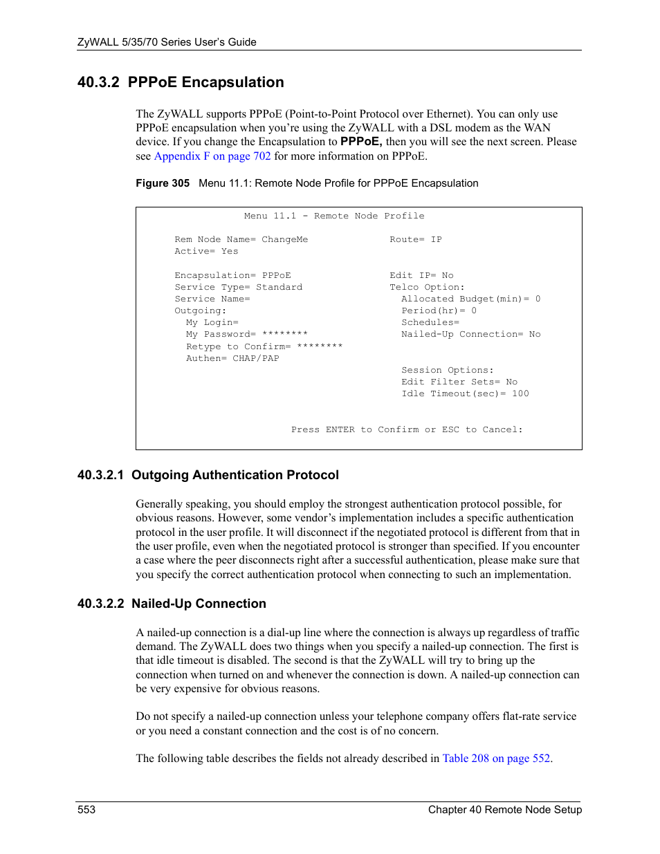 2 pppoe encapsulation, 1 outgoing authentication protocol, 2 nailed-up connection | ZyXEL Communications 70 Series User Manual | Page 553 / 807