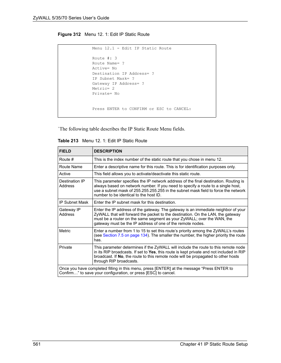 Figure 312 menu 12. 1: edit ip static route, Table 213 menu 12. 1: edit ip static route | ZyXEL Communications 70 Series User Manual | Page 561 / 807