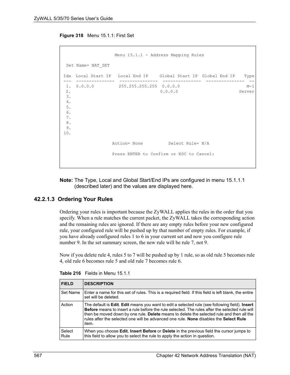 3 ordering your rules, Figure 318 menu 15.1.1: first set, Table 216 fields in menu 15.1.1 | ZyXEL Communications 70 Series User Manual | Page 567 / 807