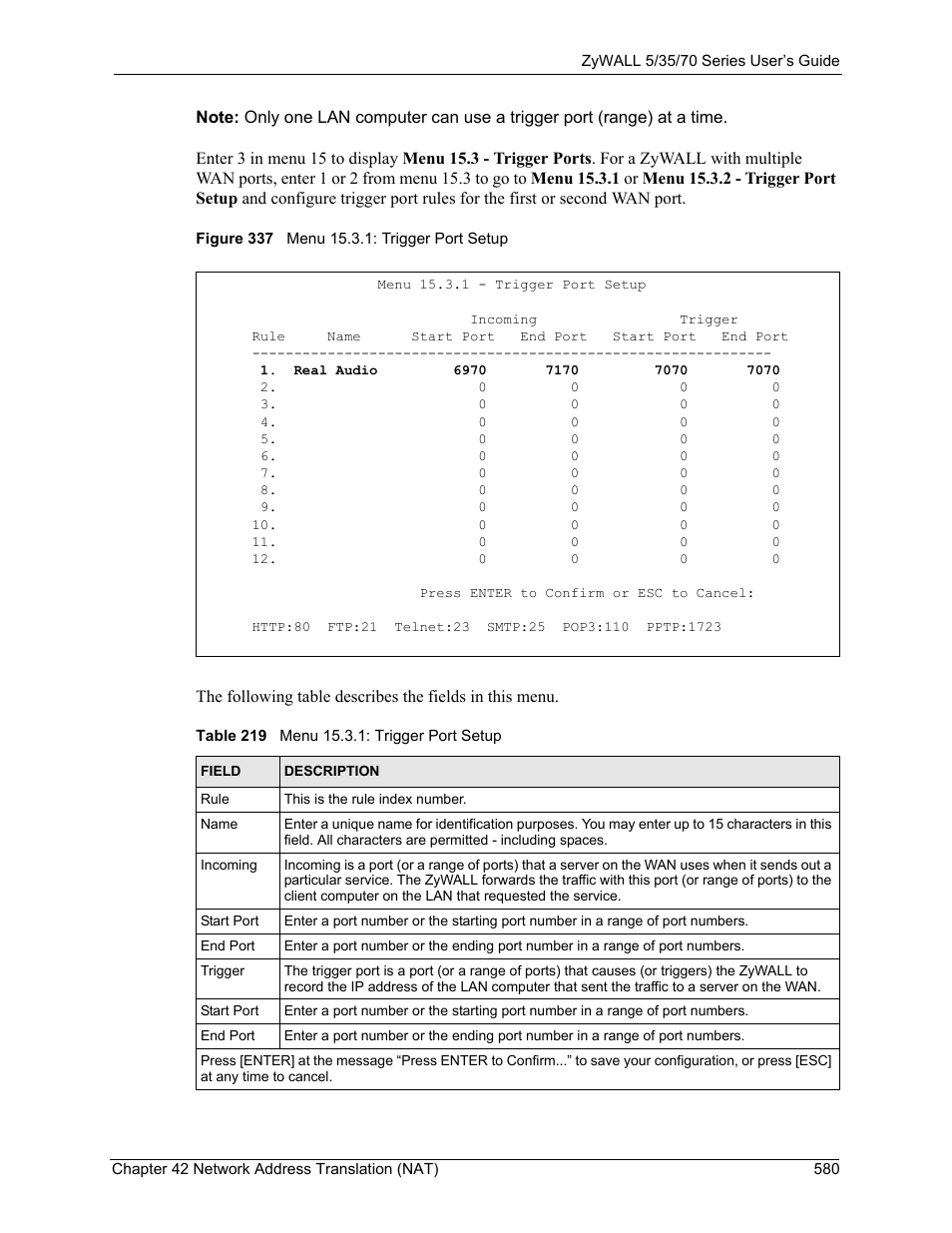 Figure 337 menu 15.3.1: trigger port setup, Table 219 menu 15.3.1: trigger port setup | ZyXEL Communications 70 Series User Manual | Page 580 / 807