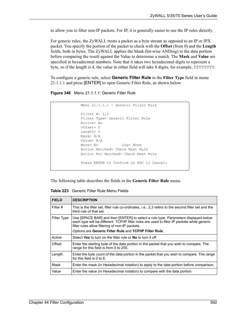 Figure 346 menu 21.1.1.1: generic filter rule, Table 223 generic filter rule menu fields | ZyXEL Communications 70 Series User Manual | Page 592 / 807