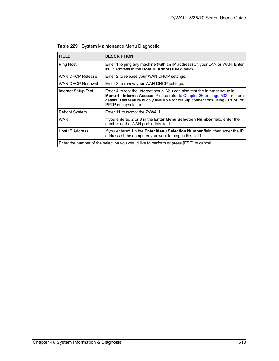 Table 229 system maintenance menu diagnostic | ZyXEL Communications 70 Series User Manual | Page 610 / 807