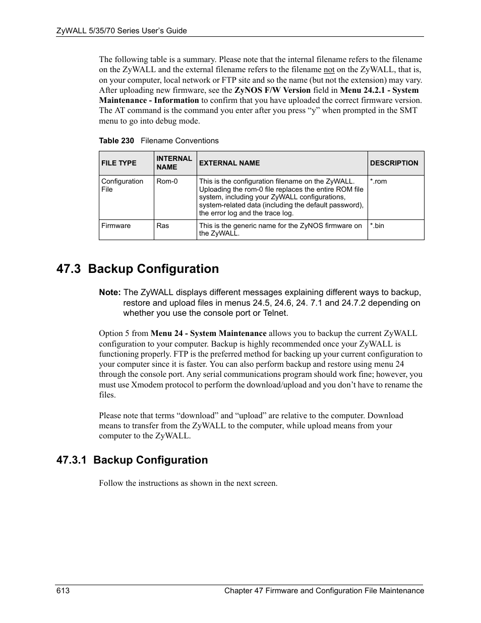 3 backup configuration, 1 backup configuration, Table 230 filename conventions | ZyXEL Communications 70 Series User Manual | Page 613 / 807
