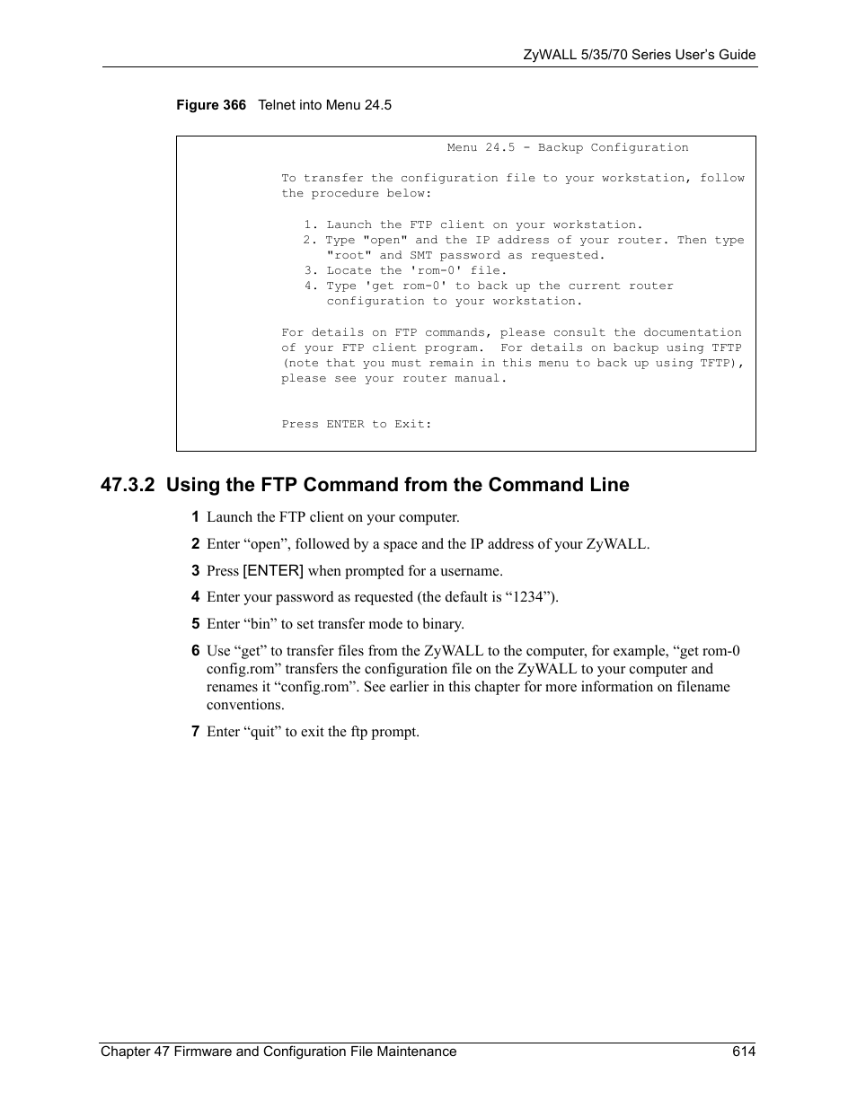 2 using the ftp command from the command line, Figure 366 telnet into menu 24.5 | ZyXEL Communications 70 Series User Manual | Page 614 / 807