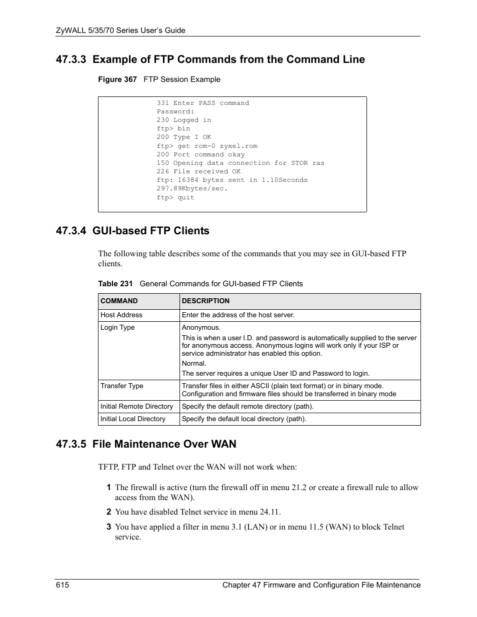 3 example of ftp commands from the command line, 4 gui-based ftp clients, 5 file maintenance over wan | Figure 367 ftp session example | ZyXEL Communications 70 Series User Manual | Page 615 / 807