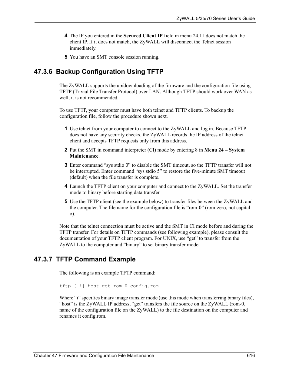 6 backup configuration using tftp, 7 tftp command example | ZyXEL Communications 70 Series User Manual | Page 616 / 807