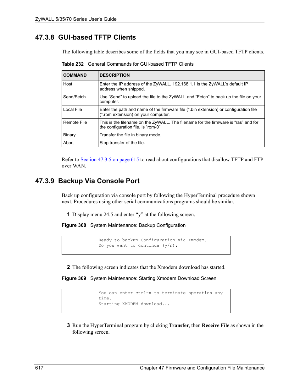 8 gui-based tftp clients, 9 backup via console port | ZyXEL Communications 70 Series User Manual | Page 617 / 807