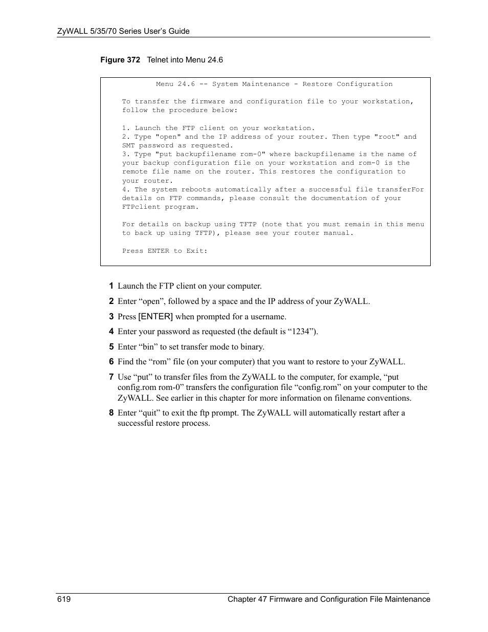 Figure 372 telnet into menu 24.6 | ZyXEL Communications 70 Series User Manual | Page 619 / 807